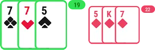 Player hand totals 19 while the dealer hand totals 22.
